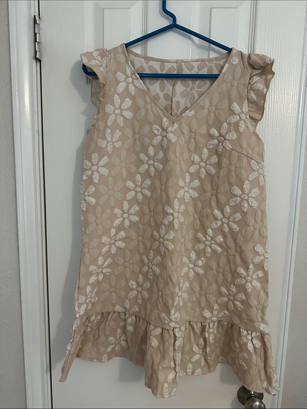 Beige Floral Ruffle-Hem Mini Dress